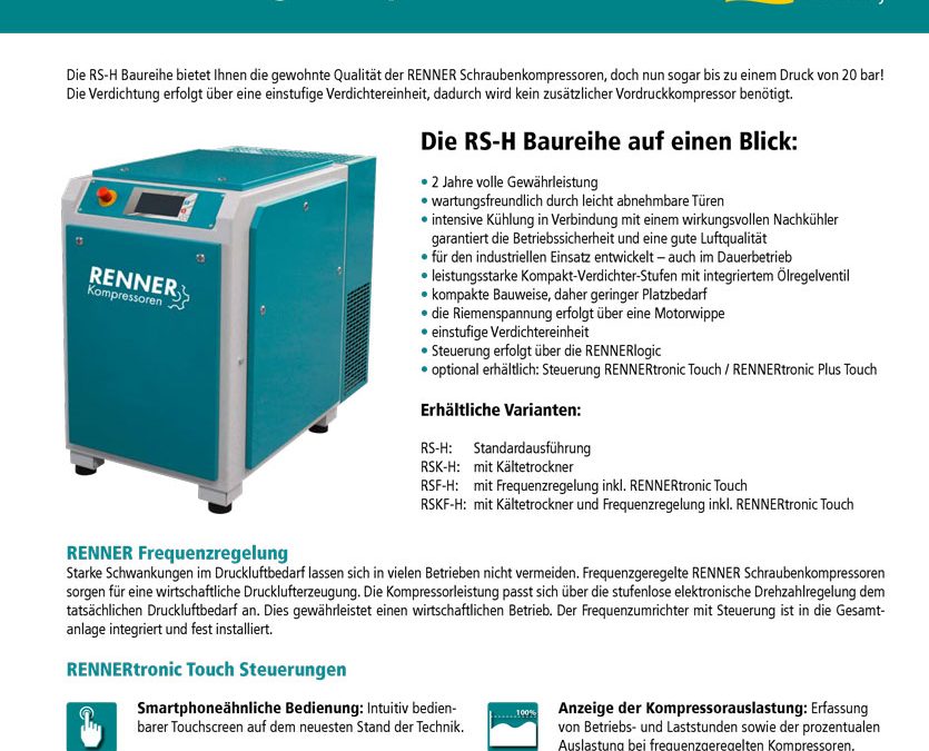 RennerHochdruck&shy;kompressoren RS-H: einstufige Kompressoren bis 20 bar